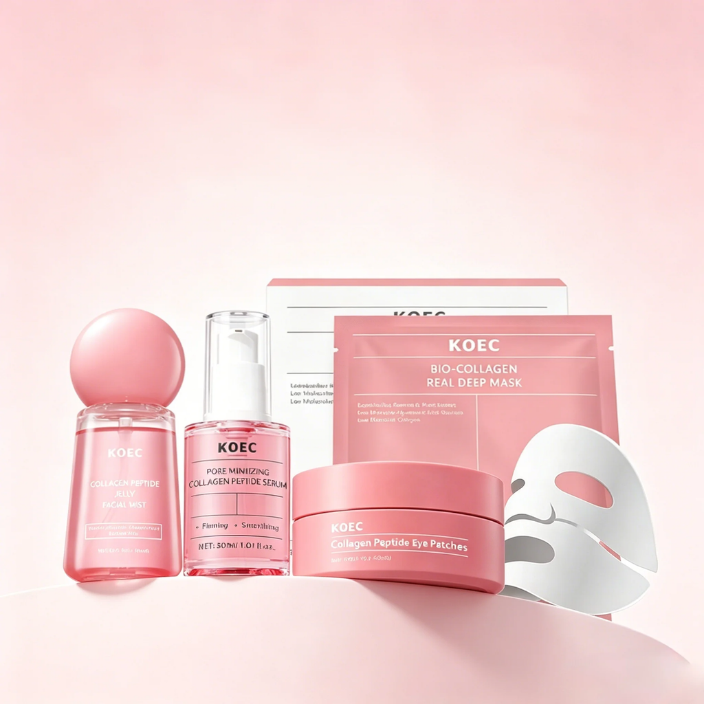 KOEC Collagen Peptide Skincare Set - Hydrating Facial Mist, Pore Minimizing Serum & Eye Patches