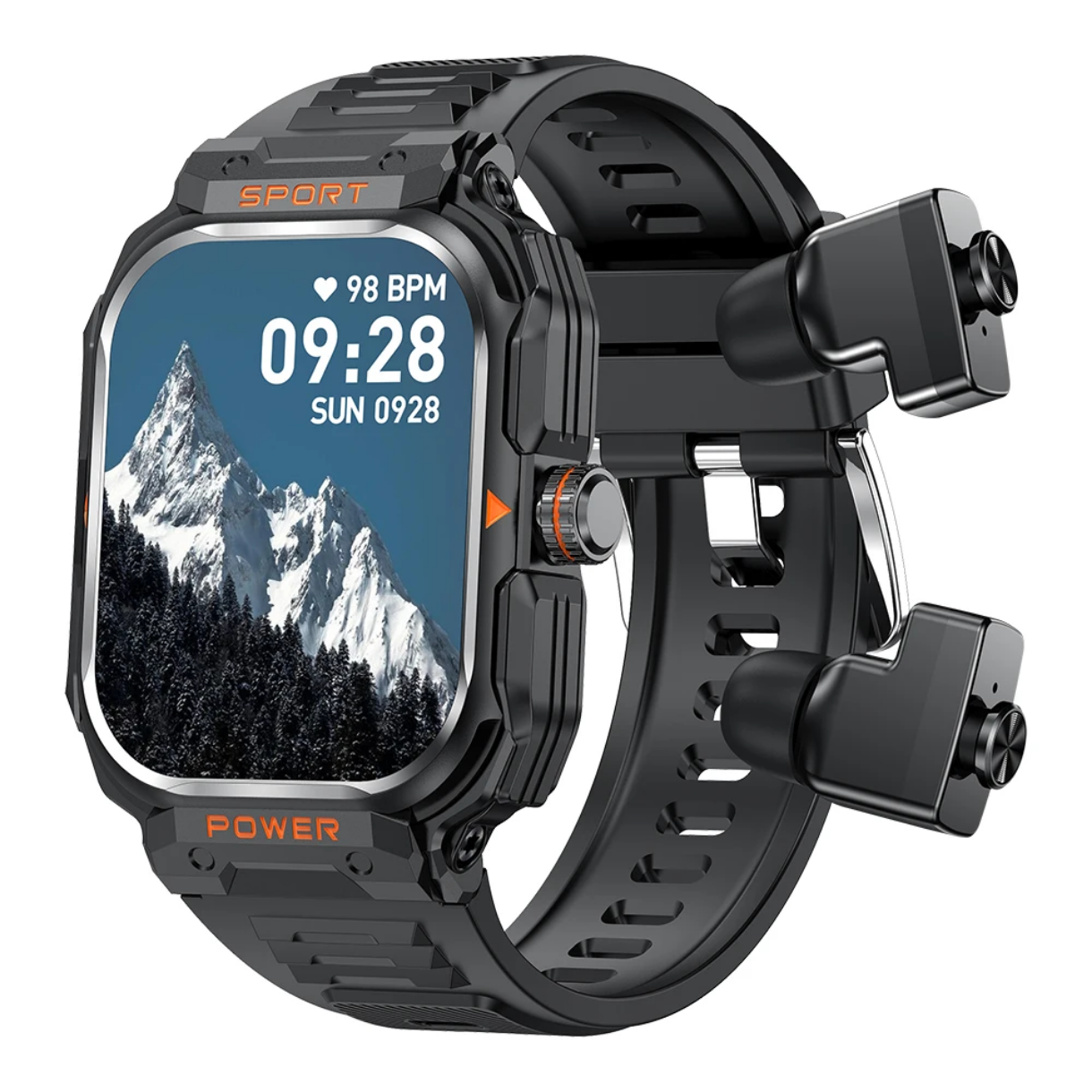 Rugged 2-in-1 Waterproof Sport Smartwatch with Built-in Wireless Earbuds