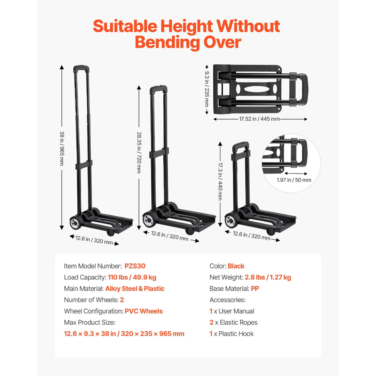 Portable Folding Hand Truck - Heavy Duty Luggage Cart with Elastic Ropes, 110 lbs Capacity