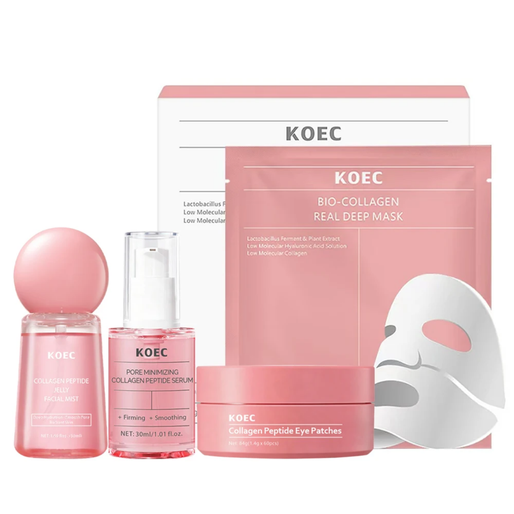 KOEC Collagen Peptide Skincare Set - Hydrating Facial Mist, Pore Minimizing Serum & Eye Patches