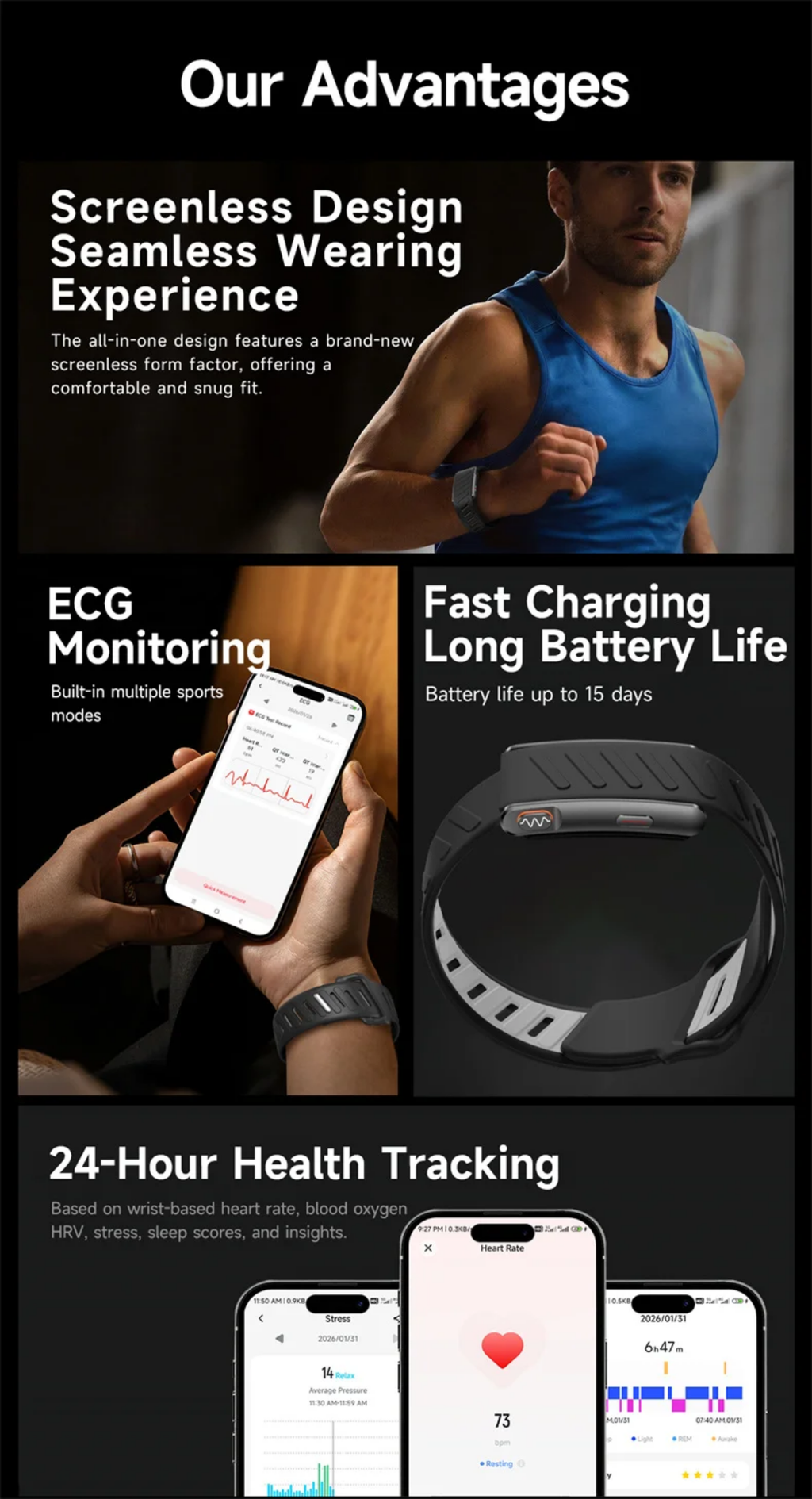 Aura Screenless Smart Band – 24H ECG Monitoring, Advanced Fitness Tracker & Long Battery Life