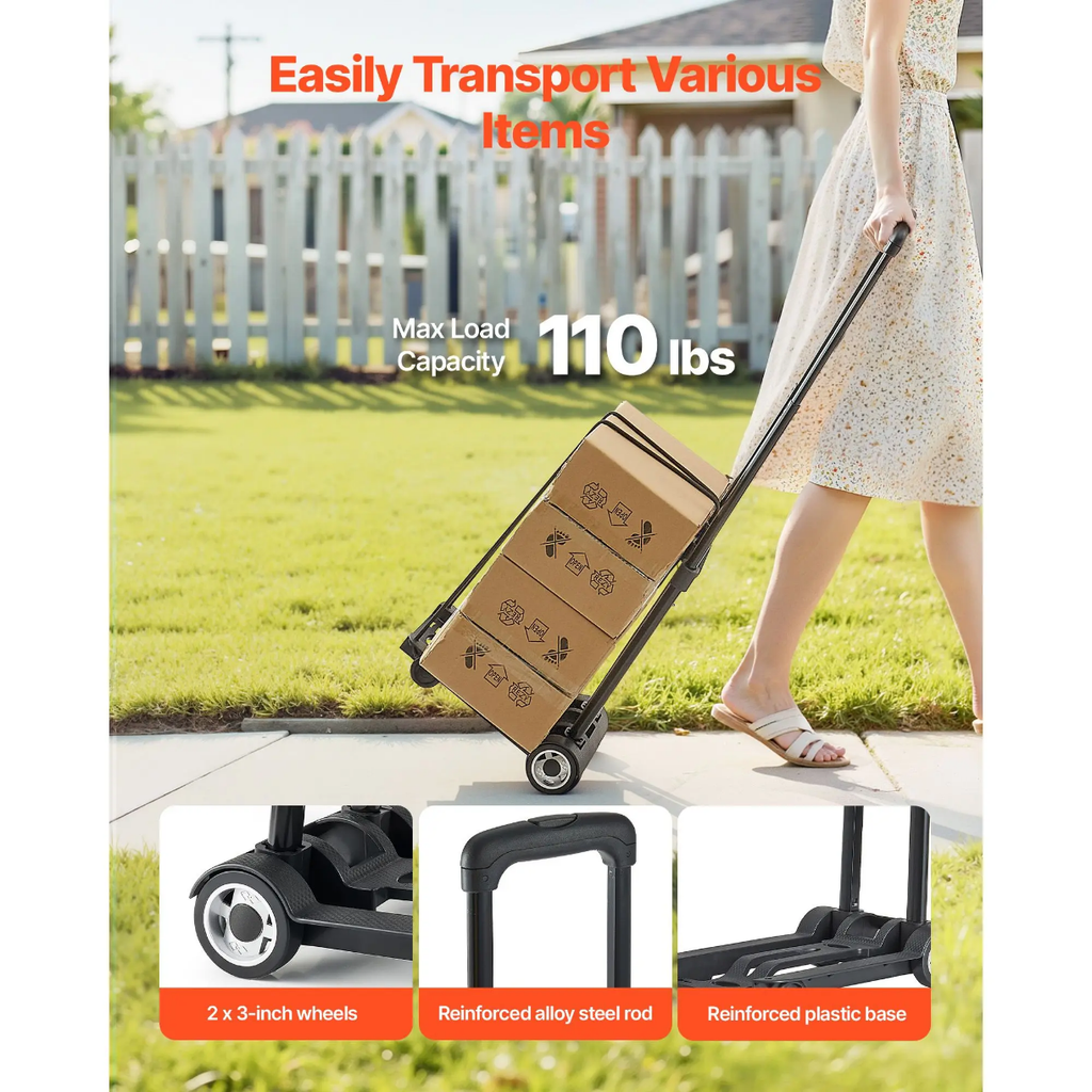 Portable Folding Hand Truck - Heavy Duty Luggage Cart with Elastic Ropes, 110 lbs Capacity