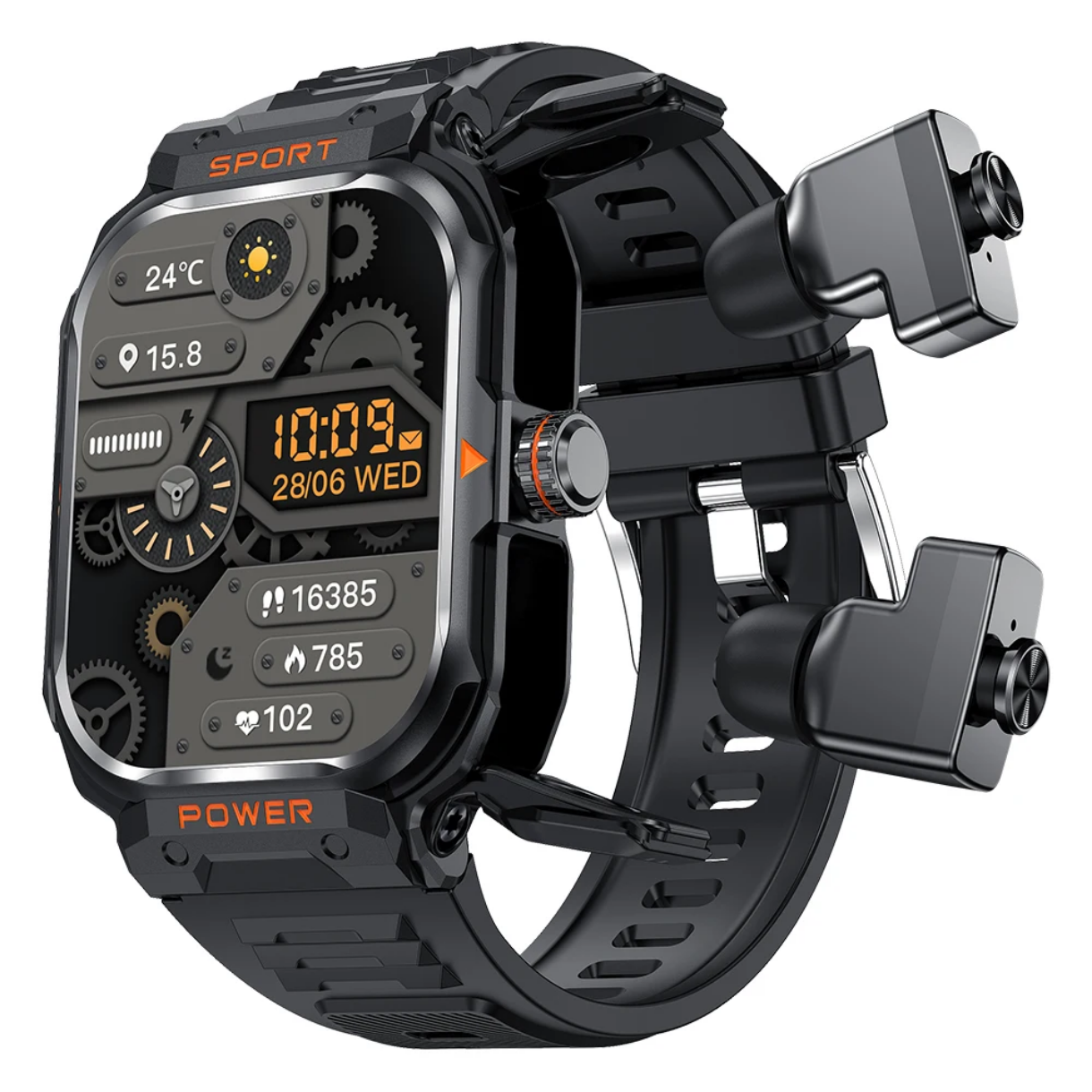 Rugged 2-in-1 Waterproof Sport Smartwatch with Built-in Wireless Earbuds